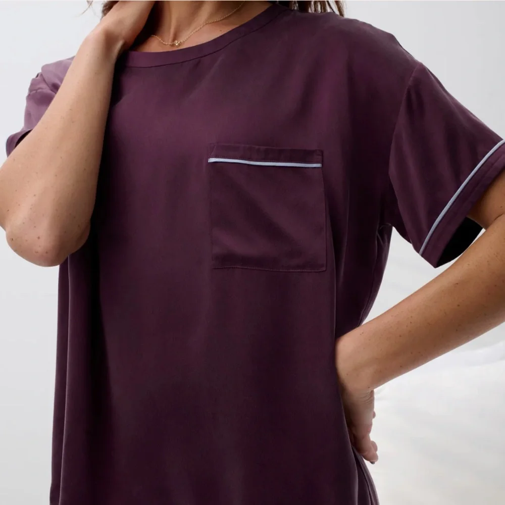 LUNYA NWOT Washable Silk Tee Pant Set in Vintage Merlot/Frosted Lagoon Size M - Picture 4 of 7
